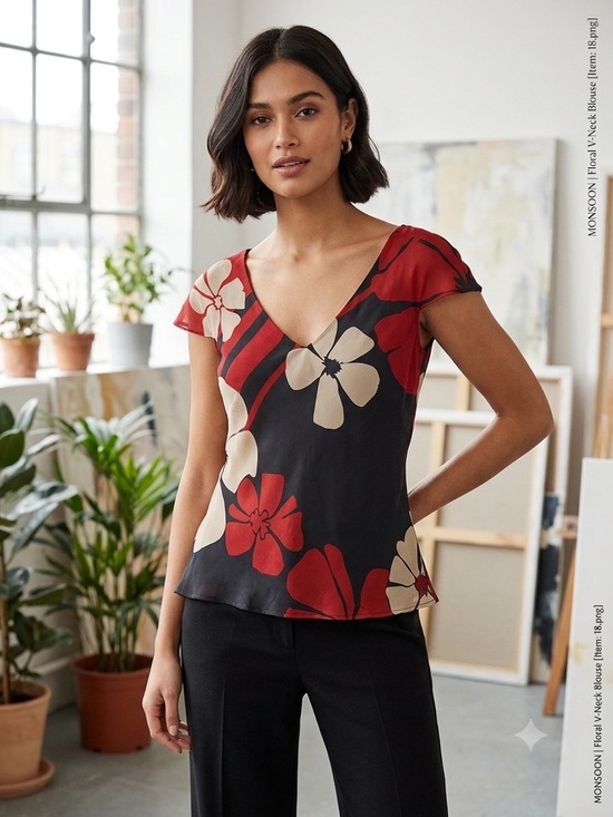 Monsoon Tops - Monsoon V-neck Black Top with Red and Beige Floral Accents